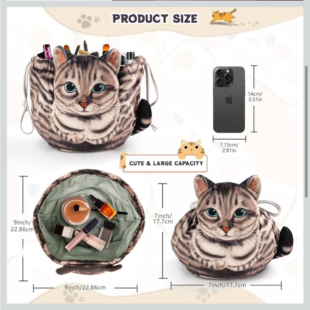 Cat Drawstring Makeup Bag - Picture 3 of 8